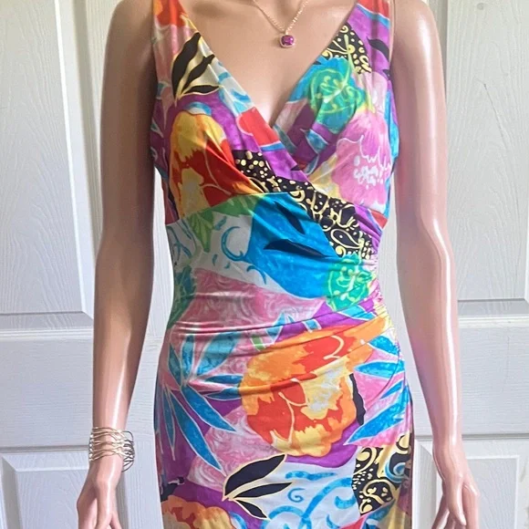 Lauren Ralph Lauren colorful tropical floral faux wrap bodycon dress size M NWOT - Picture 2 of 14